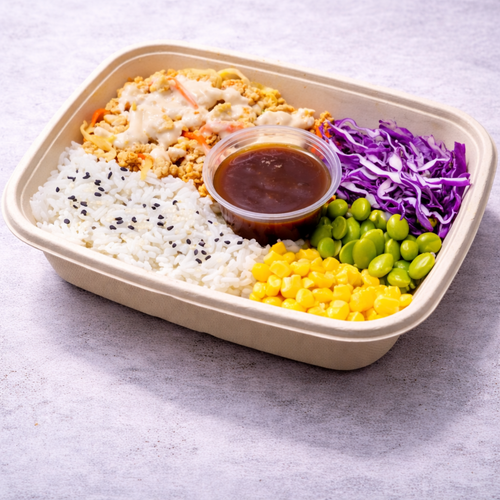 MINCED CHICKEN BOWL WITH COLESLAW, EDAMAME, SWEETCORN, STICKY RICE AND SOYA SAUCE (INCLUDES SESAME)